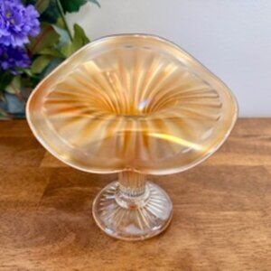 Fenton Fine Rib Footed Jack-in-the-Pulpit Carnival Glass Pedestal Bowl  Marigold